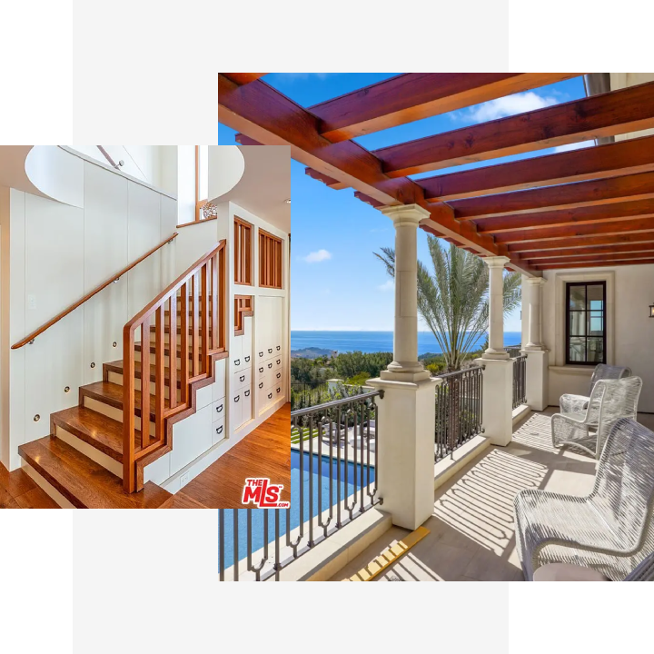 A collage of two pictures with stairs and a pool.